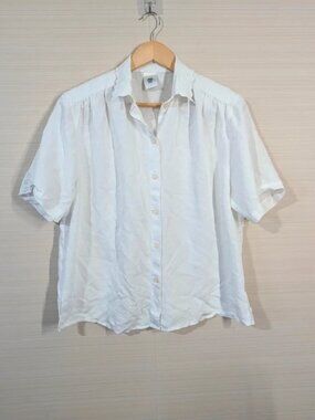 Vintage White Embroidered Collar Linen Blend Short Sleeve Button Up Blouse size
